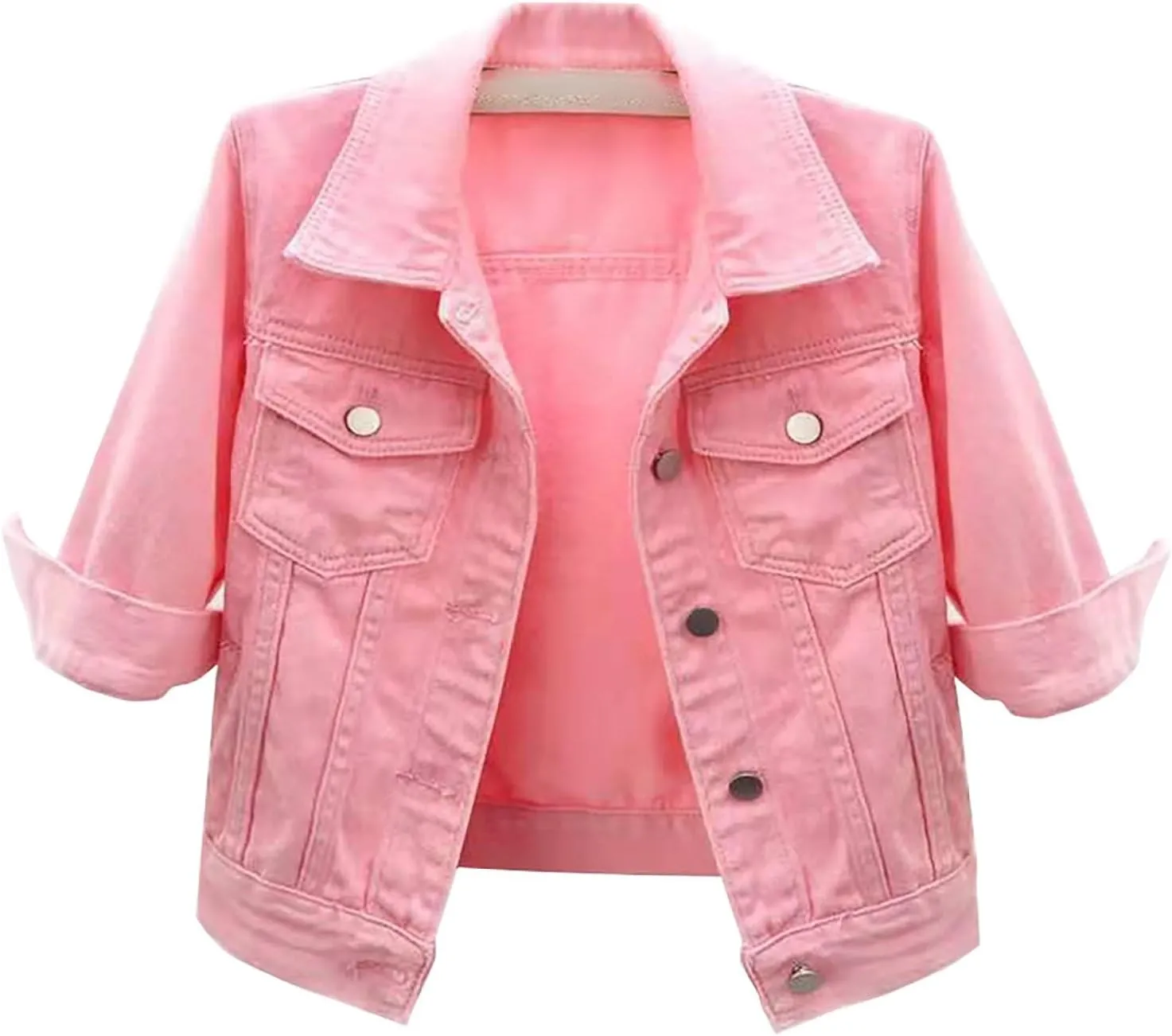 Jean Jacket for Women Trendy Plus Size 3/4 Sleeve Short Denim Jackets Lapel Button Down Casual Cropped Coat, Pink