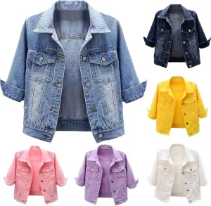 Jean Jacket Women 3/4 Sleeve Colored Cropped Denim Jacket Trendy Light Wash Short Jean Jacket Trucker Coat