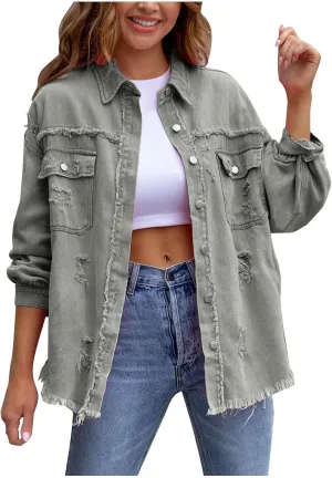 Jean Jacket Women,2024 Trendy Classic Lapel Button Down Up Frayed Hem Shacket Long Sleeve Distresse Trucker Coats