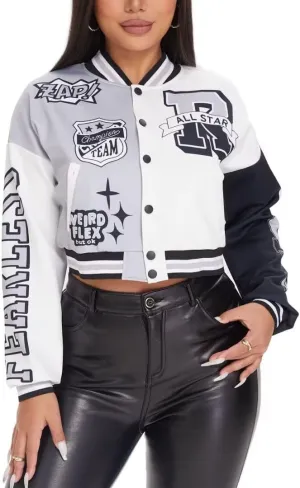 jeecoin Women's Varsity Jacket Cropped Colorblock Letter Print Baseball Bomber Jackets Vintage Streetwear Fashion Coats