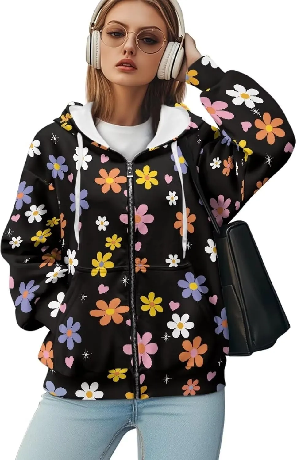 JEOCODY Zip Up Hoodie Women Oversized Hoodie Casual Long Sleeve Graphic Jackets with Pockets Zipper Drawstring