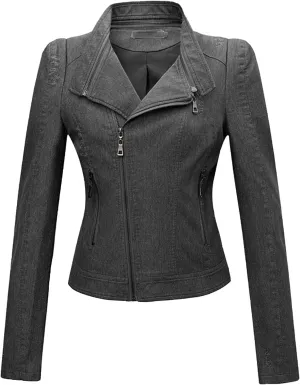 JEsilunmaMY Womens Asymmetrical Zipper Crop Leather Jacket Long Sleeve Fall Motorcycle Coats Slim Fit Moto Biker Short Coat
