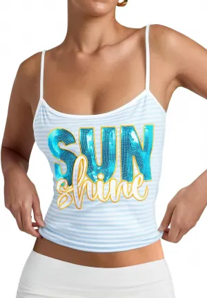 JINTING Sunshine Striped Sleeveless Shirt - Spaghetti Strap Crop Cami Tank Summer Cami Tank Top for Women