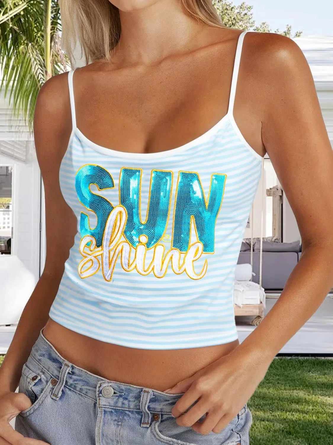 JINTING Sunshine Striped Sleeveless Shirt - Spaghetti Strap Crop Cami Tank Summer Cami Tank Top for Women