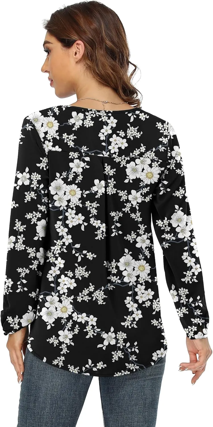 Jouica Blouses for Women Casual Chiffon Blouse Tops Loose V Neck Long Sleeve Blouse