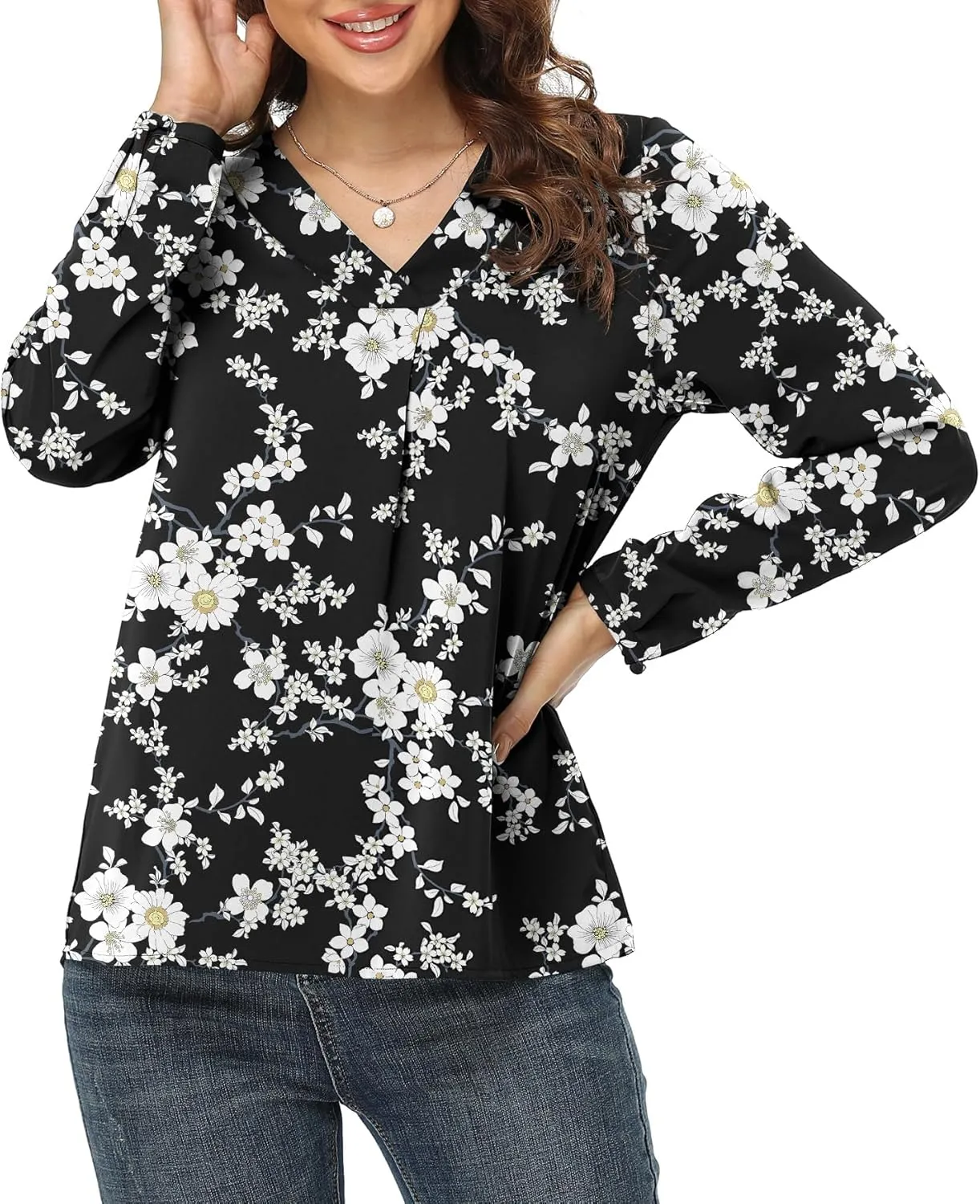 Jouica Blouses for Women Casual Chiffon Blouse Tops Loose V Neck Long Sleeve Blouse