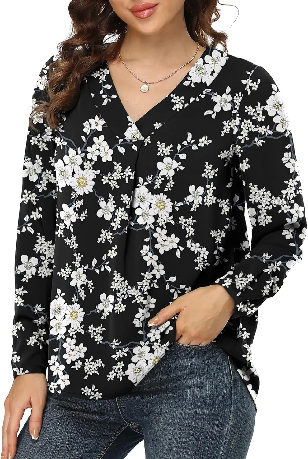 Jouica Blouses for Women Casual Chiffon Blouse Tops Loose V Neck Long Sleeve Blouse