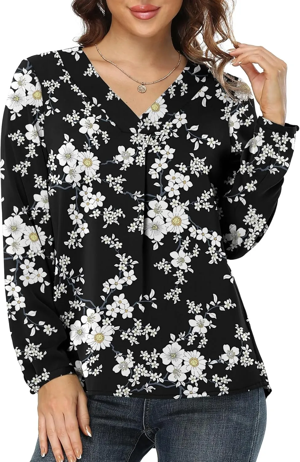 Jouica Blouses for Women Casual Chiffon Blouse Tops Loose V Neck Long Sleeve Blouse