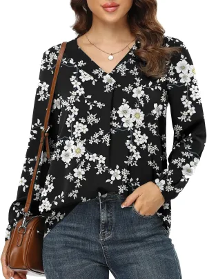 Jouica Blouses for Women Casual Chiffon Blouse Tops Loose V Neck Long Sleeve Blouse