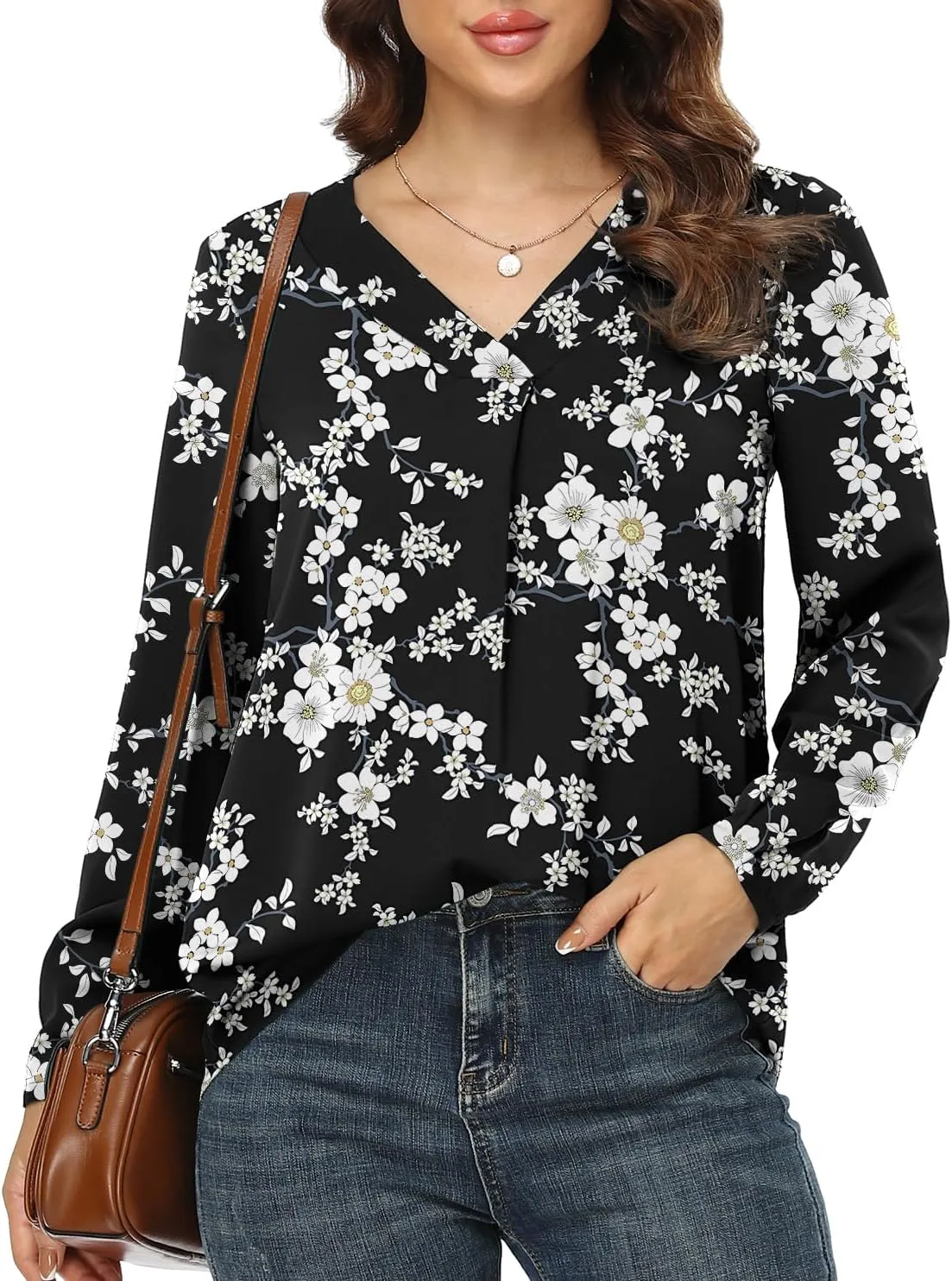 Jouica Blouses for Women Casual Chiffon Blouse Tops Loose V Neck Long Sleeve Blouse