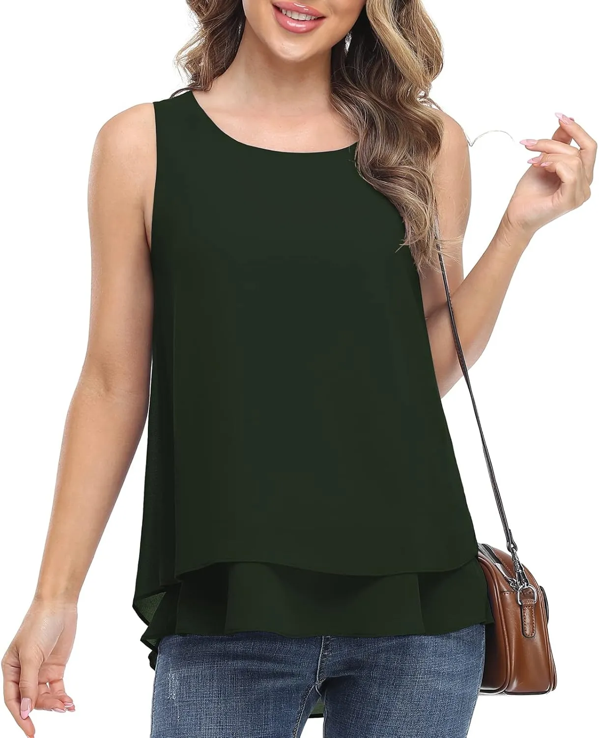 Jouica Women's Sleeveless Chiffon Tank Top Double Layers Casual Blouse Tunic