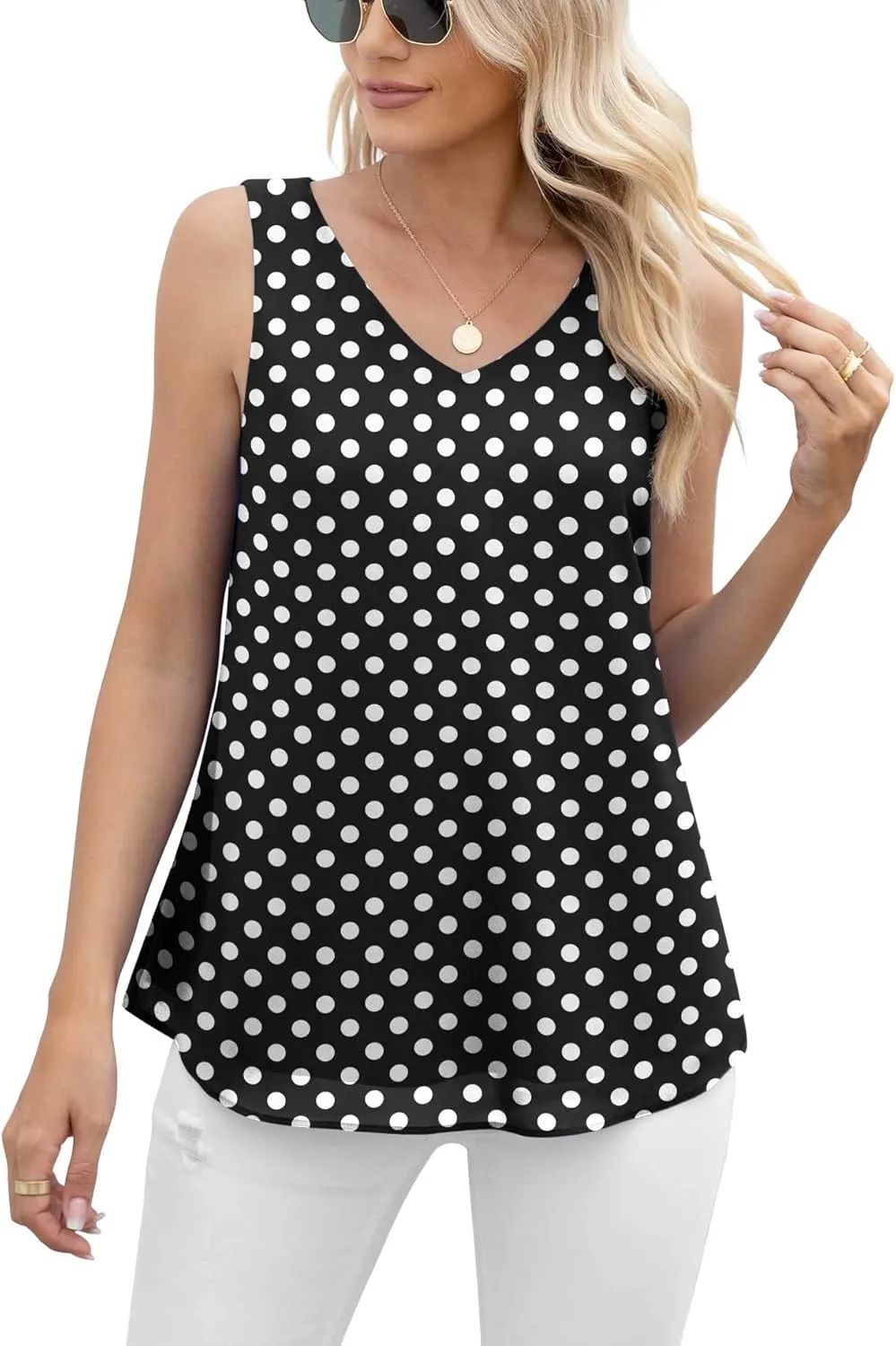 Jouica Women's Summer Sleeveless Chiffon Blouse Business Casual Tank Flowy Tops for Women
