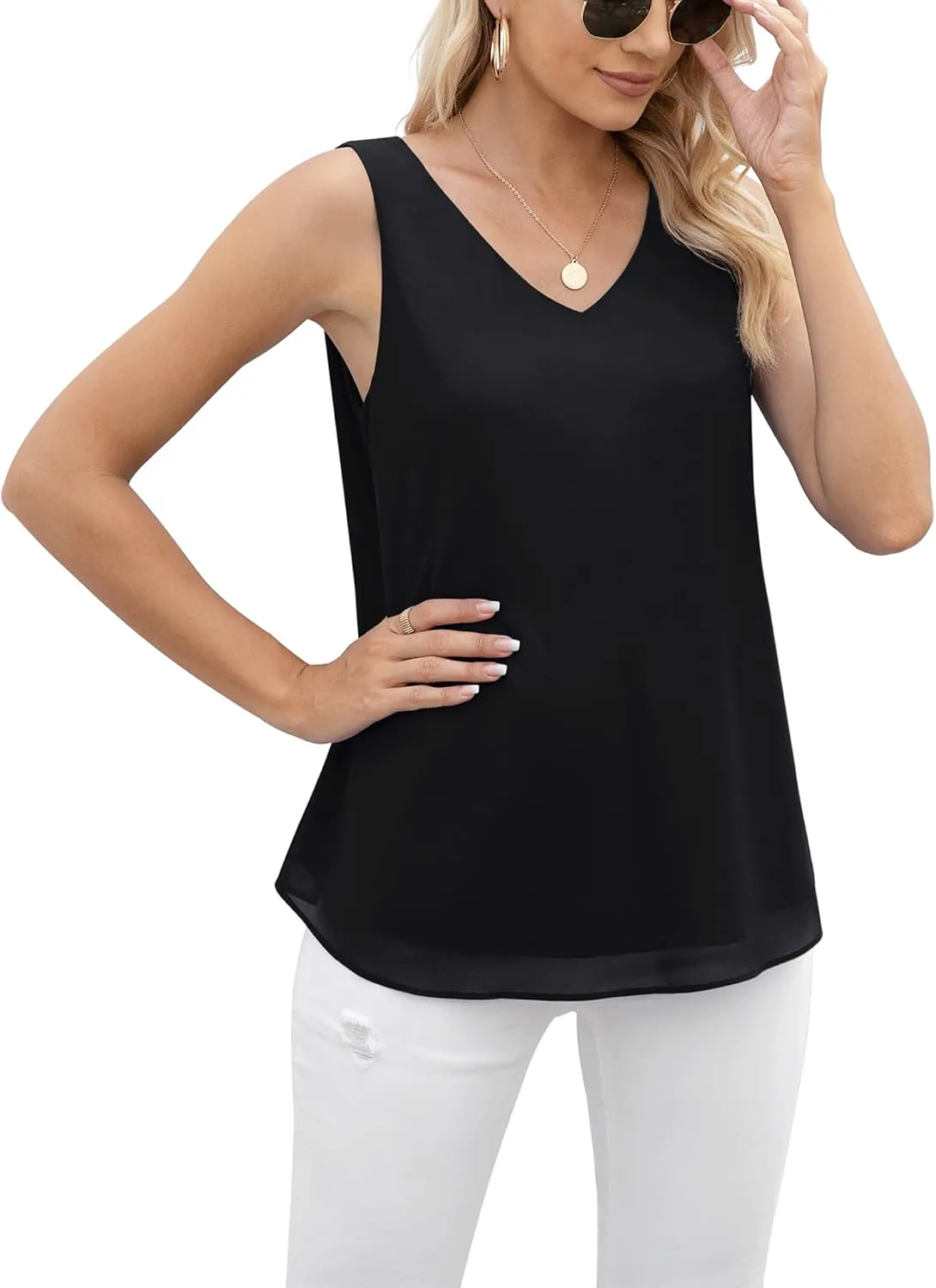 Jouica Women's Summer Sleeveless Chiffon Blouse Business Casual Tank Flowy Tops for Women