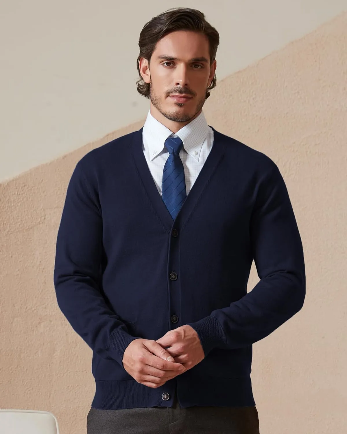 Kallspin Mens Pure Cotton Cardigan Sweater V-Neck Button Down Cardigan Lightweight Knitwear with Pockets
