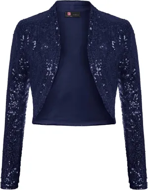 KANCY KOLE Women's Sequin Shrug Long Sleeve Open Front Cropped Bolero Jackets S-XXL