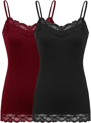 Kate Kasin Women's Adjustable Spaghetti Strap Lace Trim Cami Tunic Tank Top 2PACK