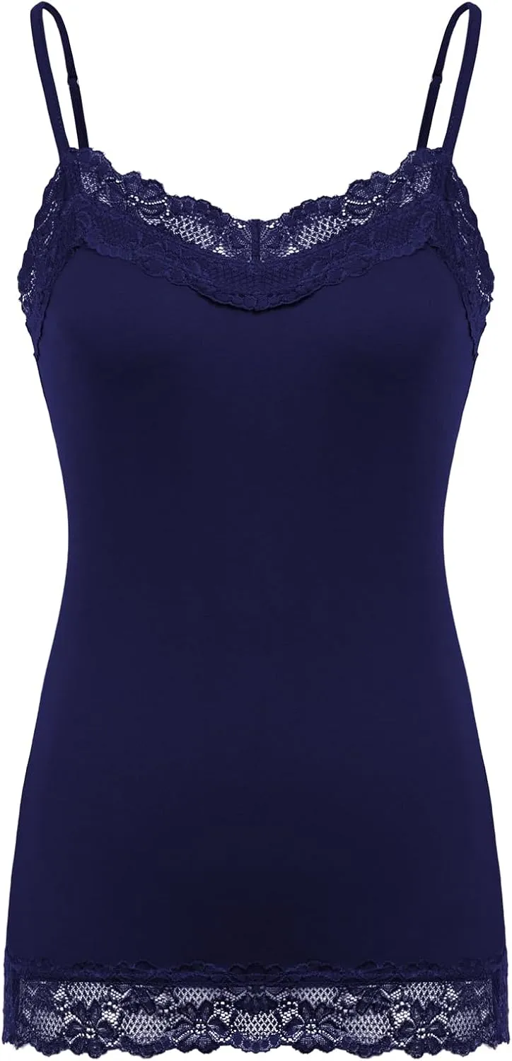 Kate Kasin Women's Adjustable Spaghetti Strap Lace Trim Cami Tunic Tank Top 2PACK