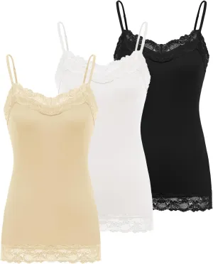 Kate Kasin Women's Adjustable Spaghetti Strap Lace Trim Cami Tunic Tank Top 3PACK