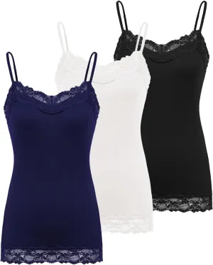 Kate Kasin Women's Adjustable Spaghetti Strap Lace Trim Cami Tunic Tank Top 3PACK