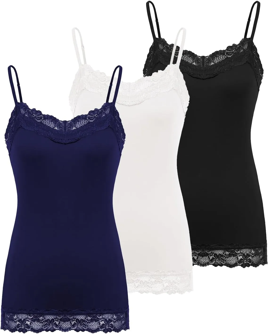 Kate Kasin Women's Adjustable Spaghetti Strap Lace Trim Cami Tunic Tank Top 3PACK