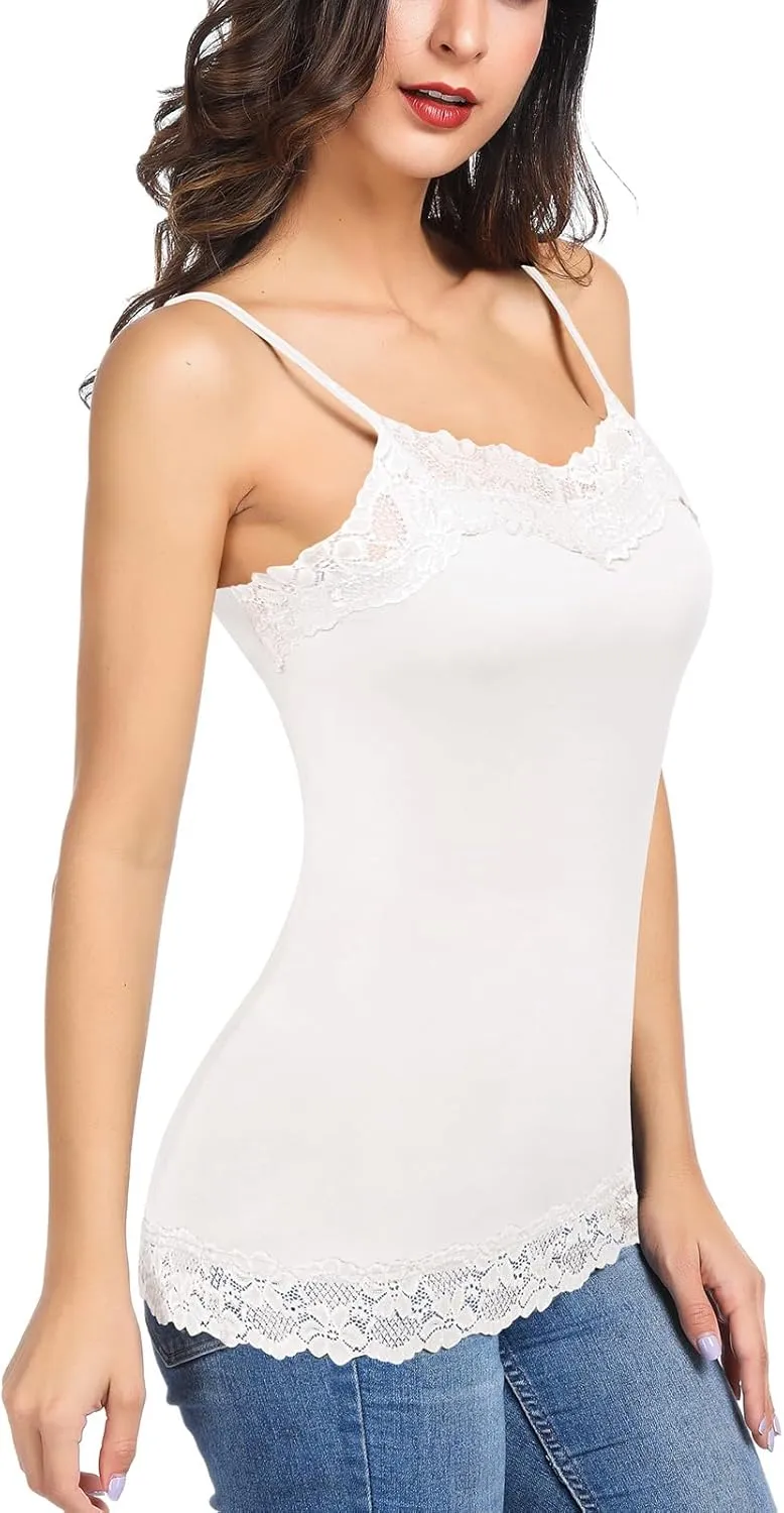 Kate Kasin Women's Adjustable Spaghetti Strap Lace Trim Cami Tunic Tank Top 3PACK
