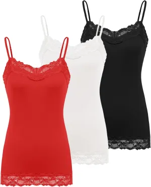 Kate Kasin Women's Adjustable Spaghetti Strap Lace Trim Cami Tunic Tank Top 3PACK