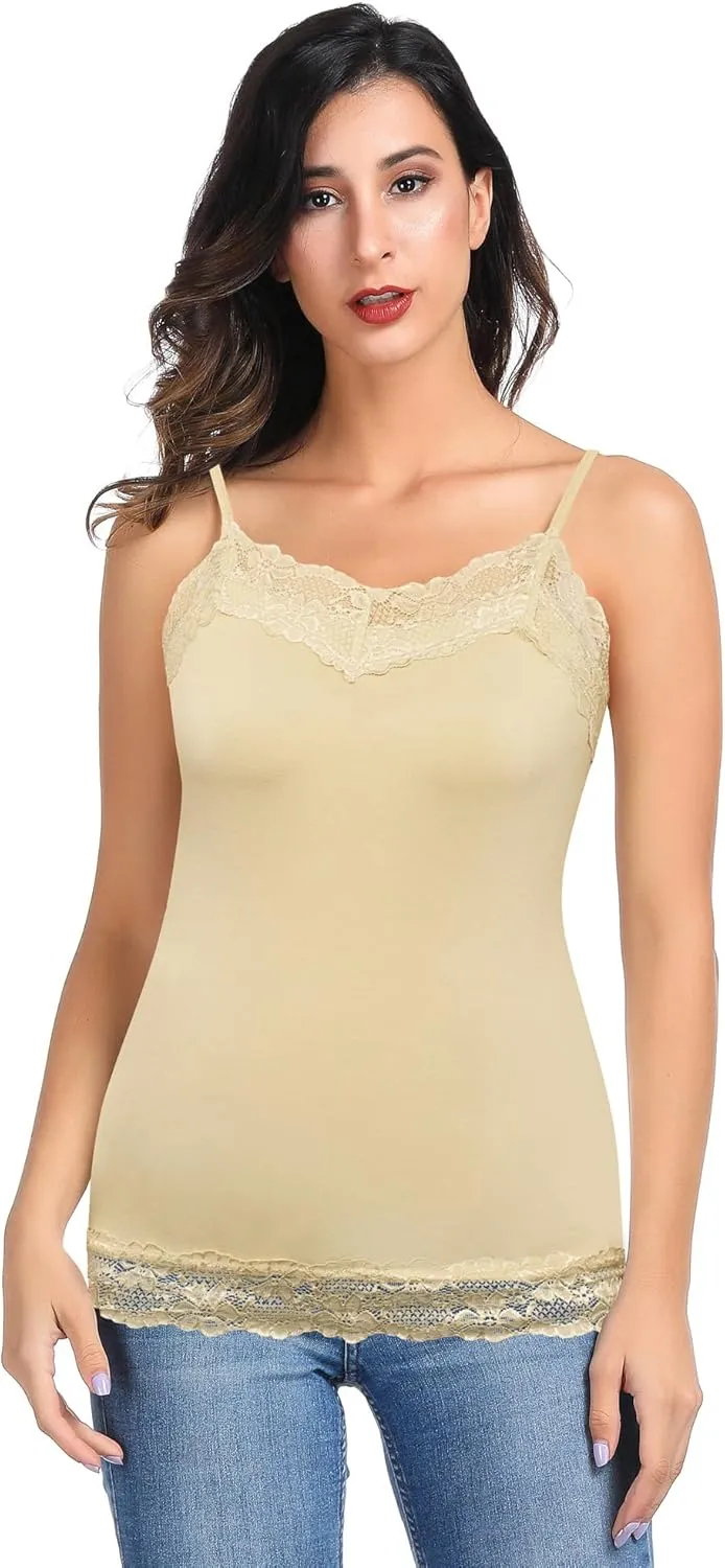 Kate Kasin Women's Adjustable Spaghetti Strap Lace Trim Cami Tunic Tank Top 3PACK
