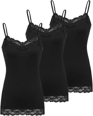 Kate Kasin Women's Adjustable Spaghetti Strap Lace Trim Cami Tunic Tank Top 3PACK