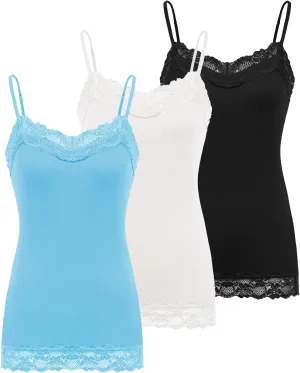 Kate Kasin Women's Adjustable Spaghetti Strap Lace Trim Cami Tunic Tank Top 3PACK