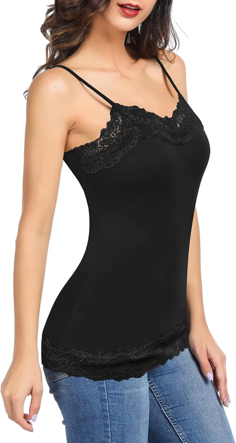 Kate Kasin Women's Adjustable Spaghetti Strap Lace Trim Cami Tunic Tank Top 3PACK