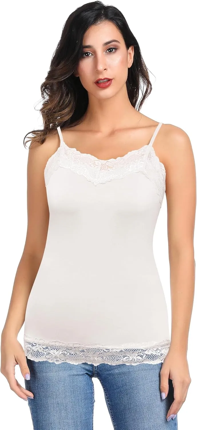 Kate Kasin Women's Adjustable Spaghetti Strap Lace Trim Cami Tunic Tank Top 3PACK