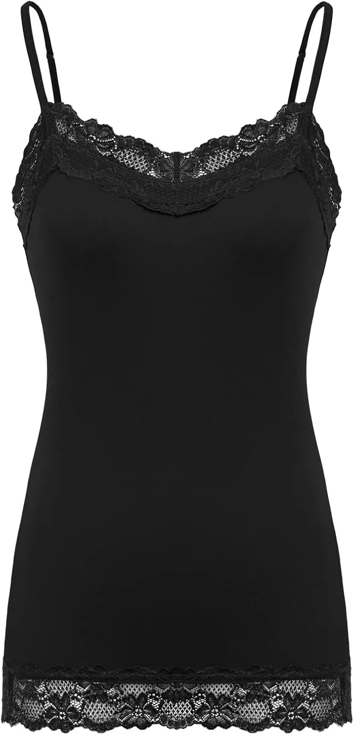 Kate Kasin Women's Adjustable Spaghetti Strap Lace Trim Cami Tunic Tank Top 3PACK