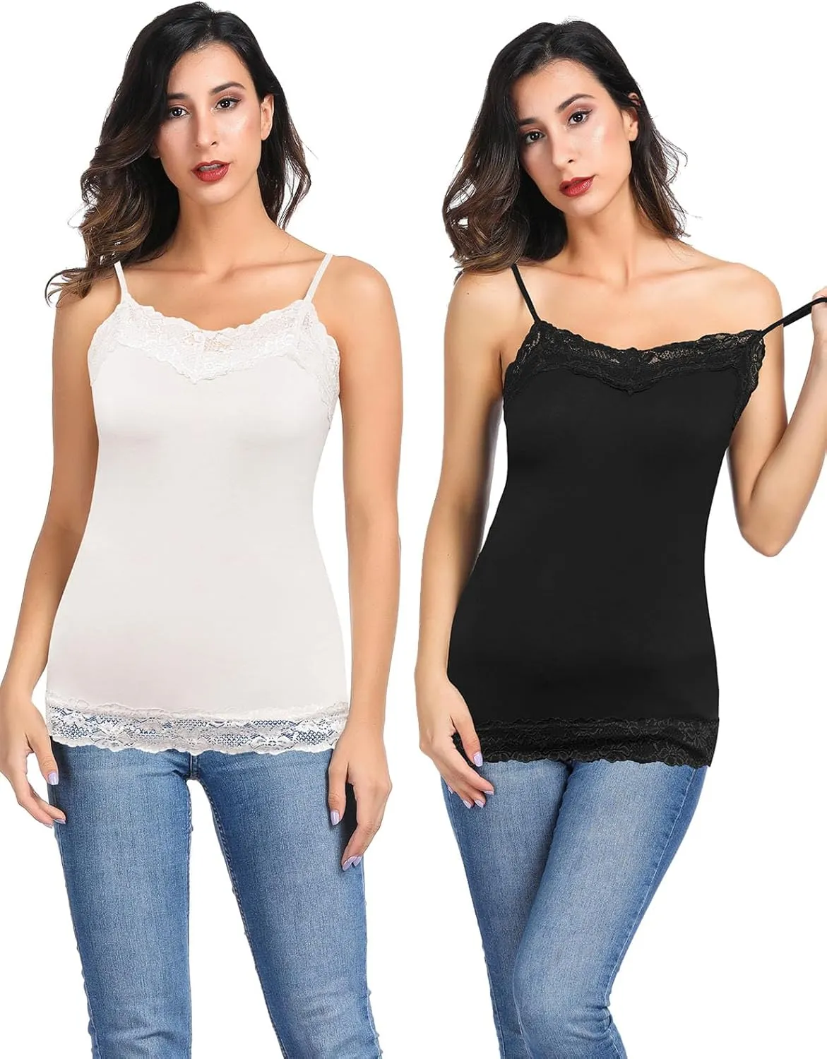 Kate Kasin Women's Adjustable Spaghetti Strap Lace Trim Cami Tunic Tank Top 3PACK