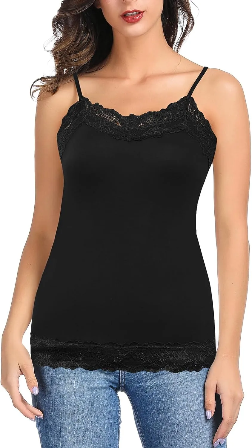 Kate Kasin Women's Adjustable Spaghetti Strap Lace Trim Cami Tunic Tank Top 3PACK