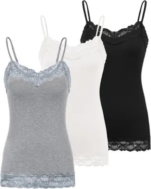 Kate Kasin Women's Adjustable Spaghetti Strap Lace Trim Cami Tunic Tank Top 3PACK