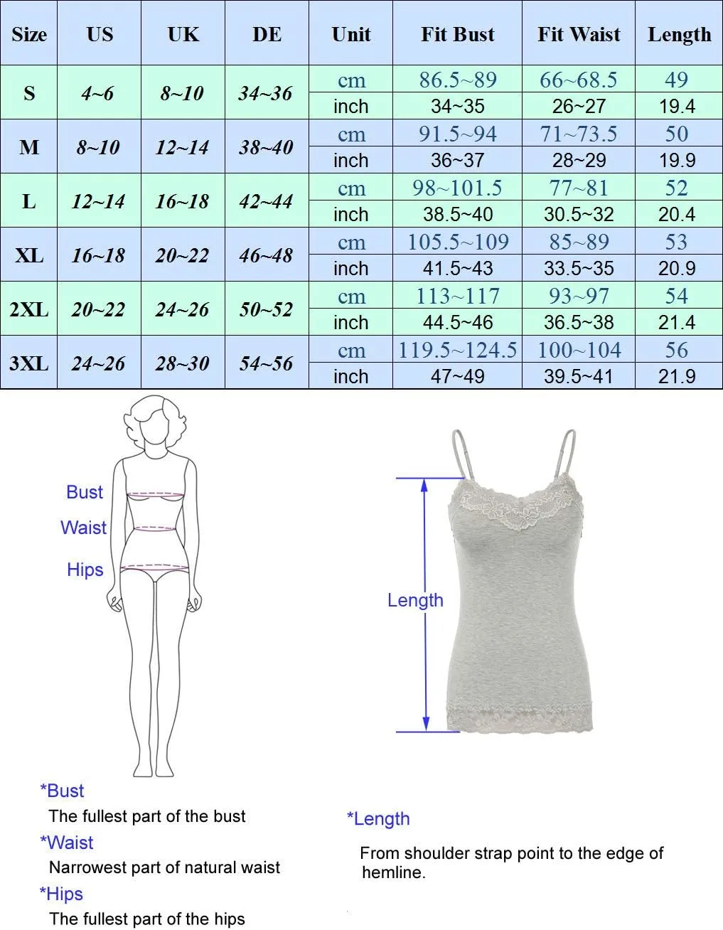 Kate Kasin Women's Adjustable Spaghetti Strap Lace Trim Cami Tunic Tank Top 3PACK
