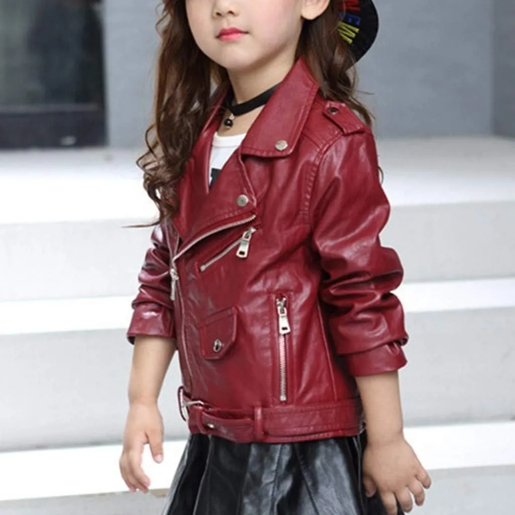 Kids PU Leather Jacket Boys Girls Faux Leather Motorcycle Moto Biker Coats Children Lapel Solid Color Zipper Coat