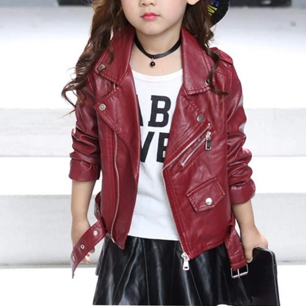 Kids PU Leather Jacket Boys Girls Faux Leather Motorcycle Moto Biker Coats Children Lapel Solid Color Zipper Coat