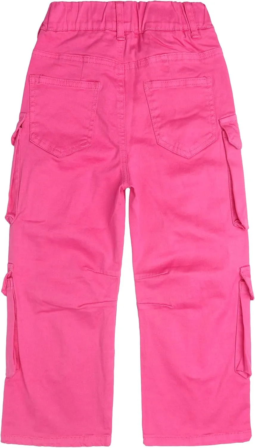 KIDSCOOL SPACE 8-Pocket Girls Wide-Leg Denim Pants, 5-14T Ribbed Elastic Waist with D-Ring Loops Cargo Jeans