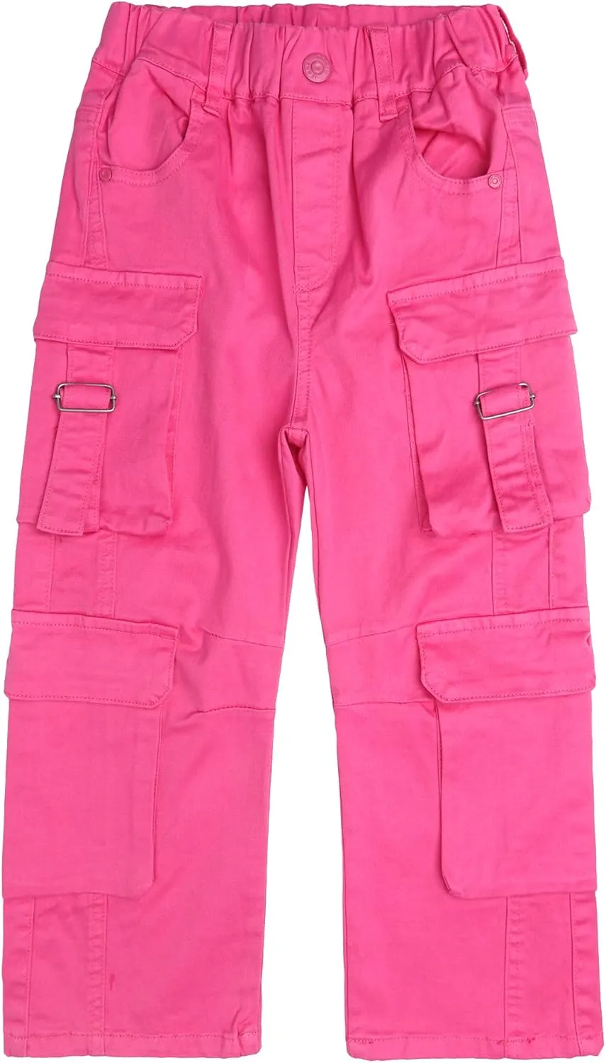 KIDSCOOL SPACE 8-Pocket Girls Wide-Leg Denim Pants, 5-14T Ribbed Elastic Waist with D-Ring Loops Cargo Jeans