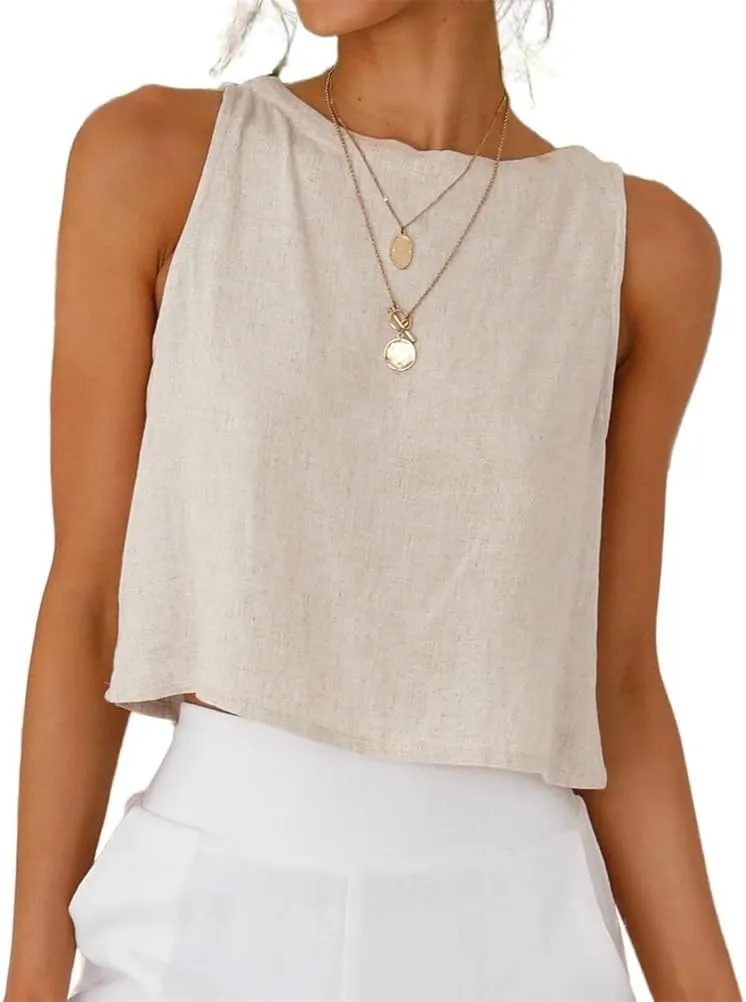 Kinghua Womens Linen Crop Tops Summer Casual Loose Cotton Linen Sleeveless Tank Top