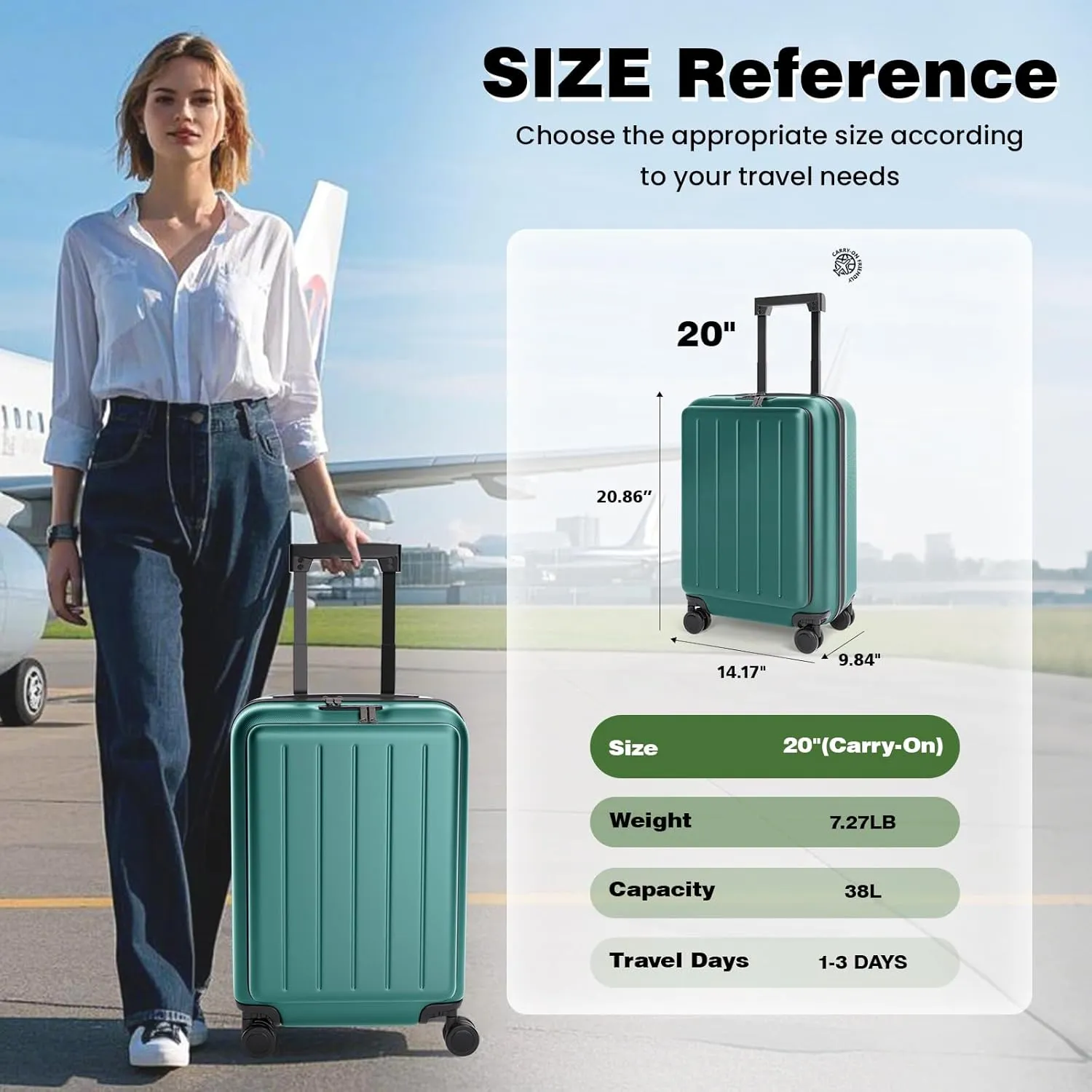 Krute Carry On Luggage 20 Inch Airline Approved Suitcases Lightweight Front Open Pocket TSA Lock Luggage Hard Shell Suitcase with Wheels