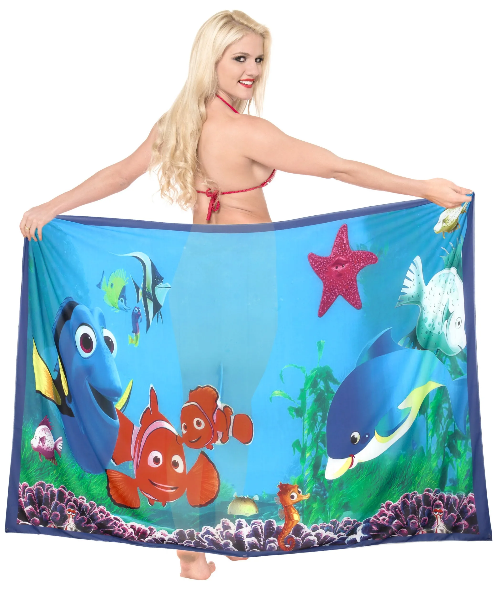 LA LEELA Sheer Chiffon Swim Pareo Women Sarong Digital 78"X39" Teal Blue_1339 Teal Blue_V179