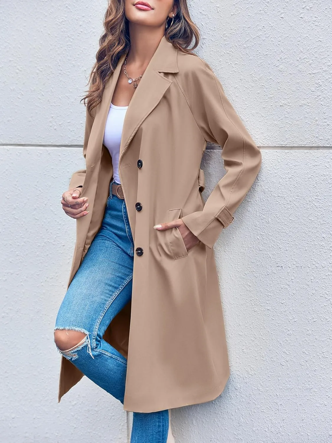 Ladiyo Women's Double Breasted 3/4 Long Trench Coat Elegant Windproof Lapel Belted Overcoat