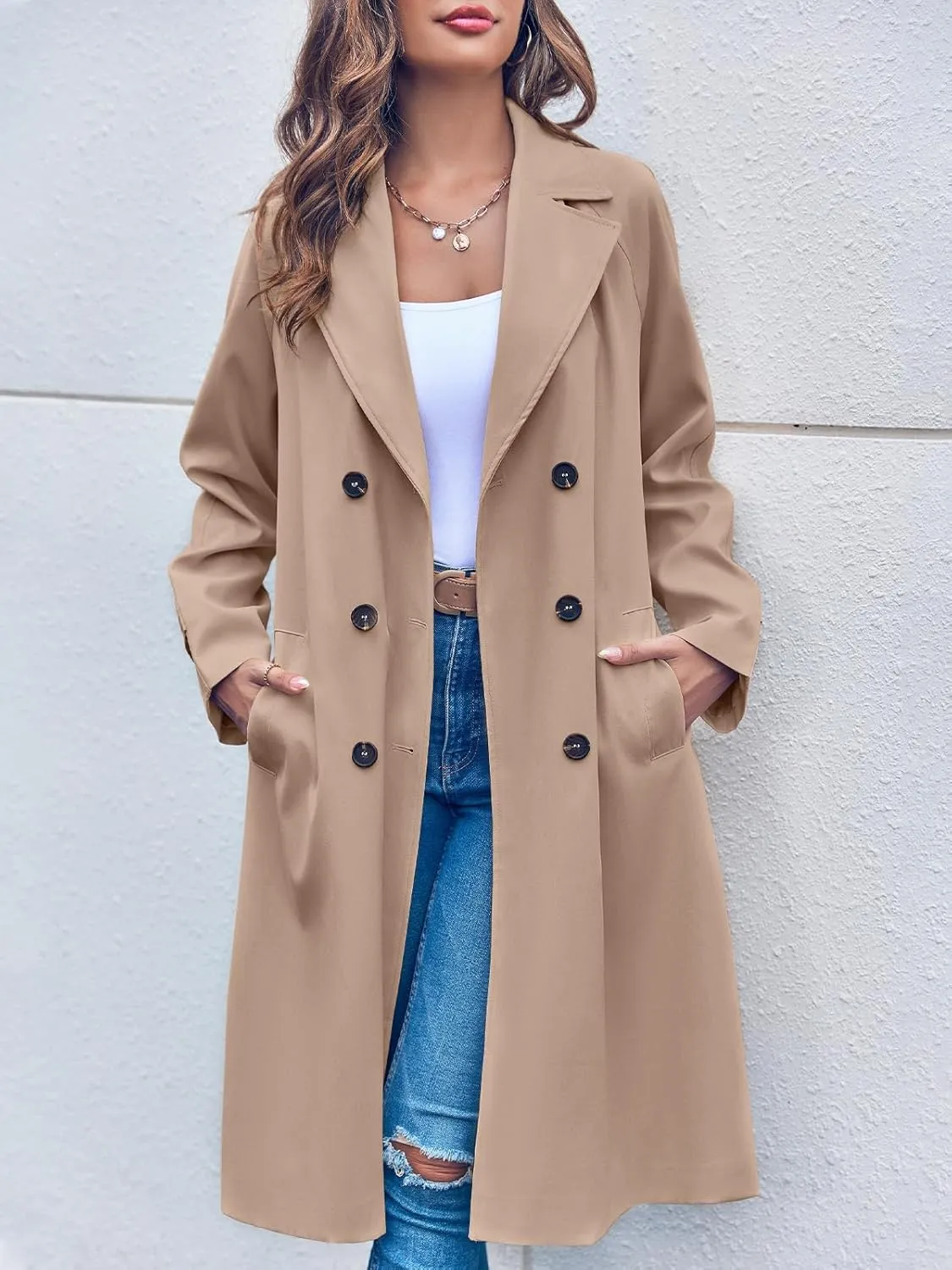 Ladiyo Women's Double Breasted 3/4 Long Trench Coat Elegant Windproof Lapel Belted Overcoat