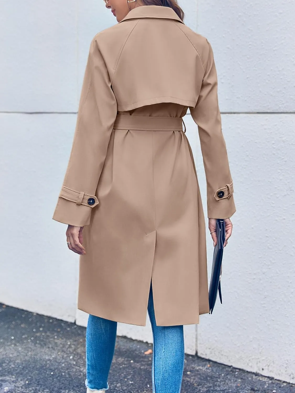 Ladiyo Women's Double Breasted 3/4 Long Trench Coat Elegant Windproof Lapel Belted Overcoat