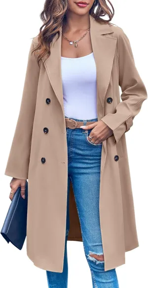 Ladiyo Women's Double Breasted 3/4 Long Trench Coat Elegant Windproof Lapel Belted Overcoat
