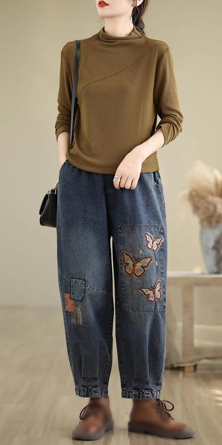 LAI MENG FIVE CATS Women Casual Jeans Denim Loose Pants Elastic Waist with Pocket