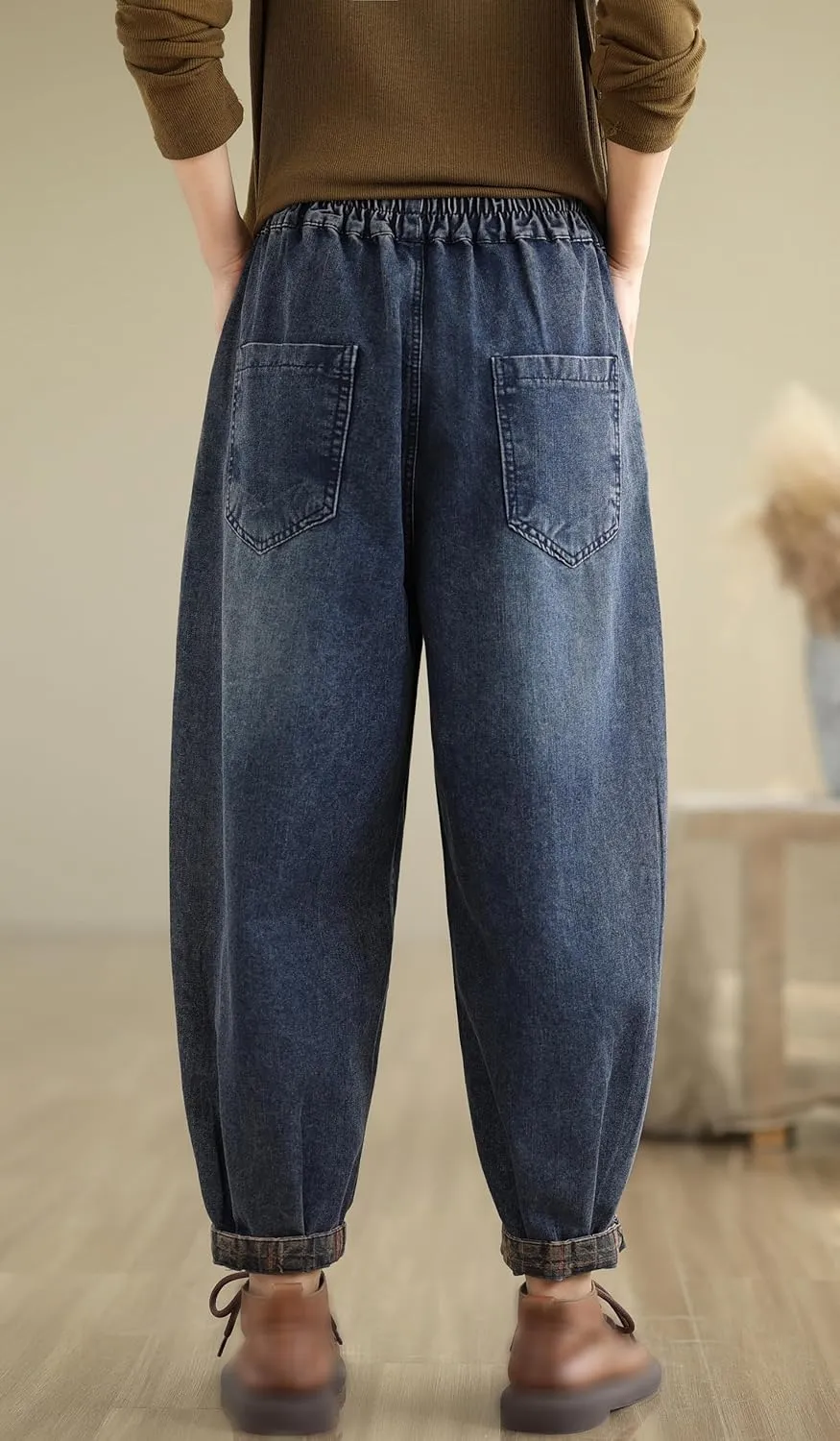 LAI MENG FIVE CATS Women Casual Jeans Denim Loose Pants Elastic Waist with Pocket