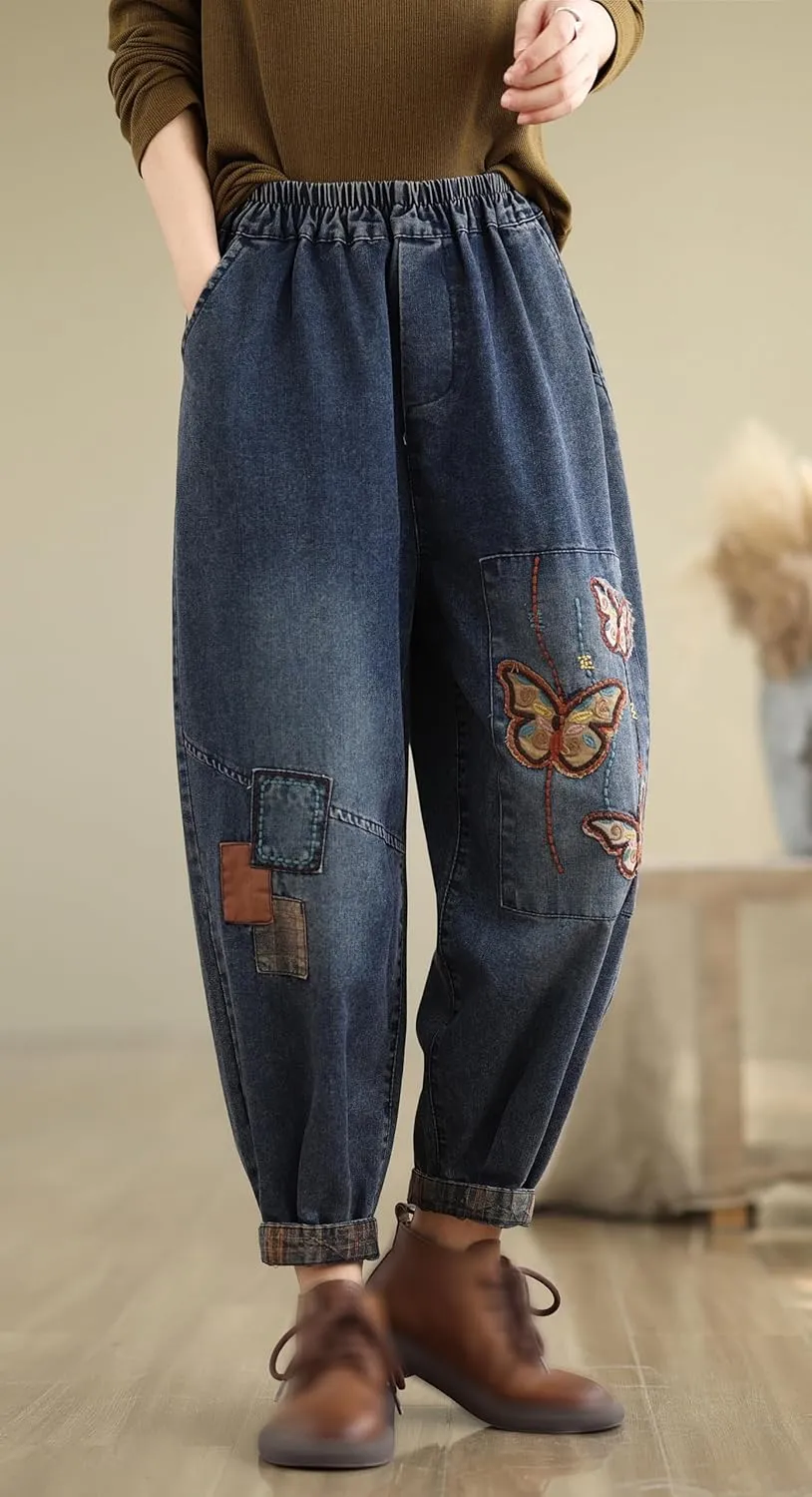 LAI MENG FIVE CATS Women Casual Jeans Denim Loose Pants Elastic Waist with Pocket